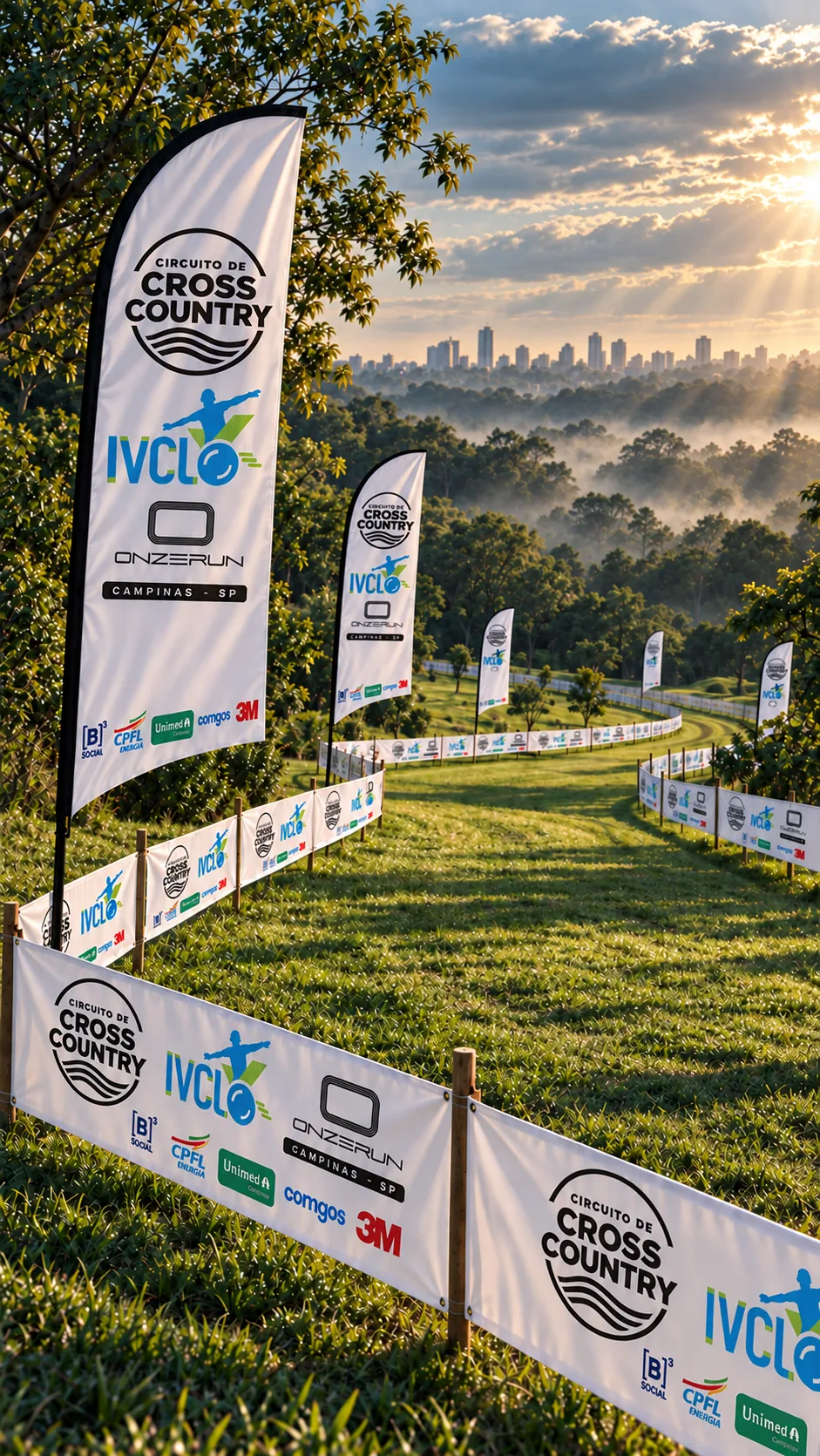 Percurso de grama do CIRCUITO DE CROSS COUNTRY IVCL 11RUN ao amanhecer, com bandeiras e faixas de sinalização em Campinas
