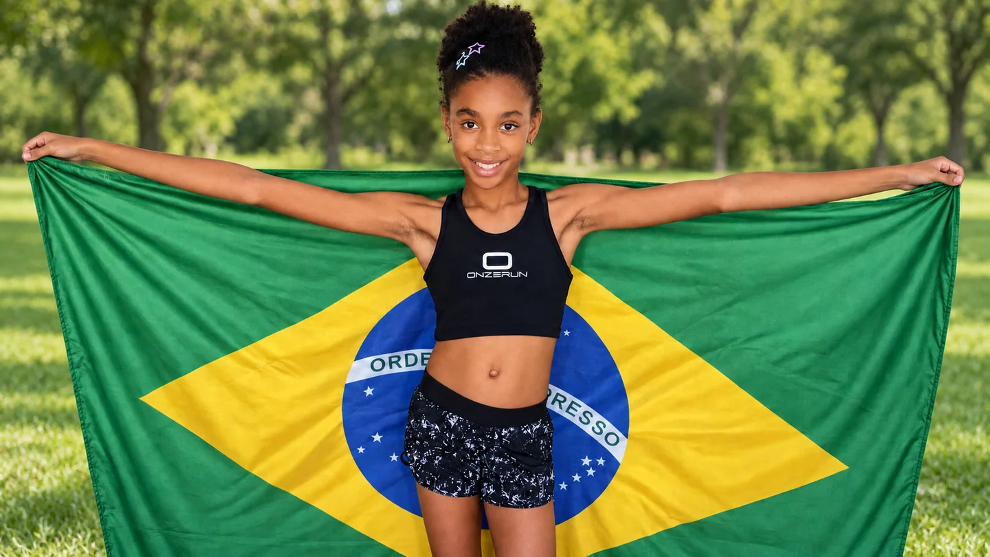 Manu segurando a bandeira do Brasil com os braços abertos em uma área verde
